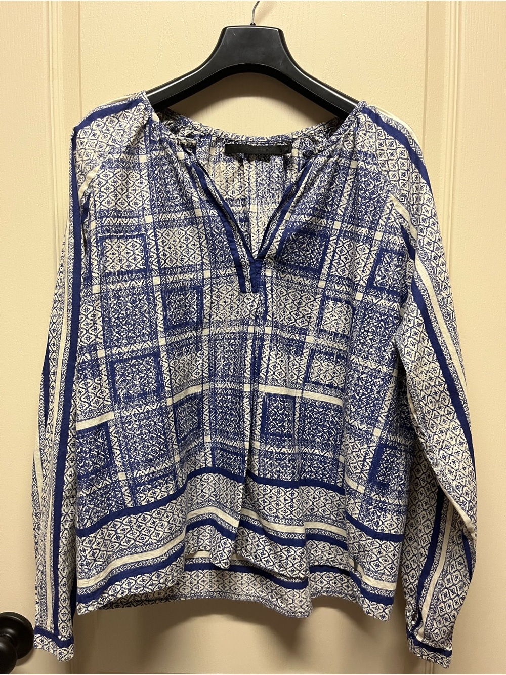 Coster Copenhagen Blue & White Printed Peasant Long Sleeve Cotton Blouse sz 36/S
